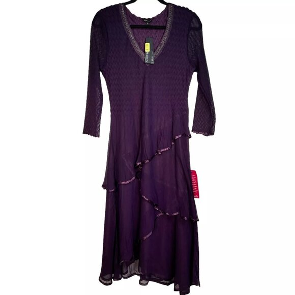 Komarov Womens Layered Purple V-Neck Tiered Chiffon Fit & Flare Dress Size L - Picture 2 of 16